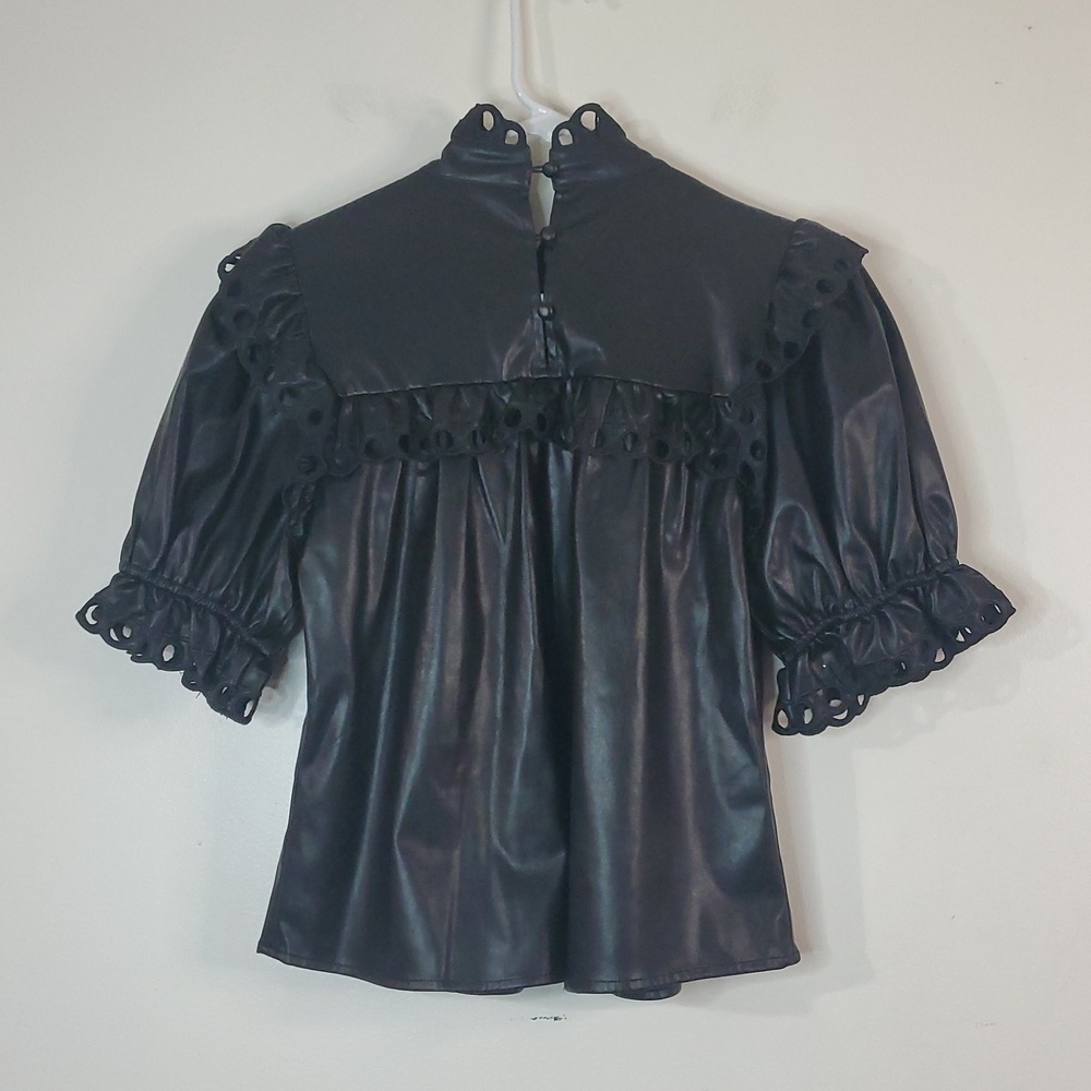 Stellah Faux Leather Eyelet Trim Black Blouse Top Size Med Edgy Whimsigoth - Picture 8 of 13